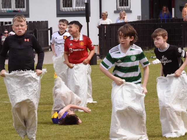 A faller in one of the Sack Races at Steelstown Sports on Friday.