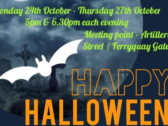 Get in the Halloween spirit and embark on a walk through the city hearing gruesome ghost stories of past and present. From bones to banshees and skeletons to sinister figures. Fun family friendly activity with a few scares along the way. Meeting Point - Ferryquay Gate. Times: 5pm and 6.30pm. Tickets: Family (2 adults and up to 3 children) £15 or £4 per person To Book: email charlenemccrossan@icloud.com. Moderate walking included , suitable clothing and footwear for conditions and surfaces. Visit www.derrycitytours.com for more information.