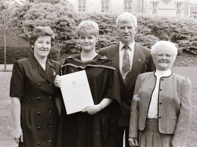 Photographs of students, professors, and proud parents during the Magee graduations in June 1995.