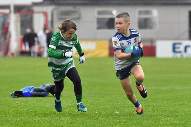 Young footballers from Faughanvale and Ballinderry playing during the SFC final interval at Celtic Park on Sunday afternoon. Photo: George Sweeney