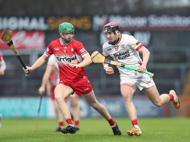 Derry's 'Man of the Match' Ryan McGill closes down Rory Weir of Tyrone at Healy Park.