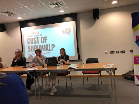 From left, Chloe Ferguson, Donall Hearty and Grace Boyle at the NUS-USI Cost of Survival Campaign Launch.