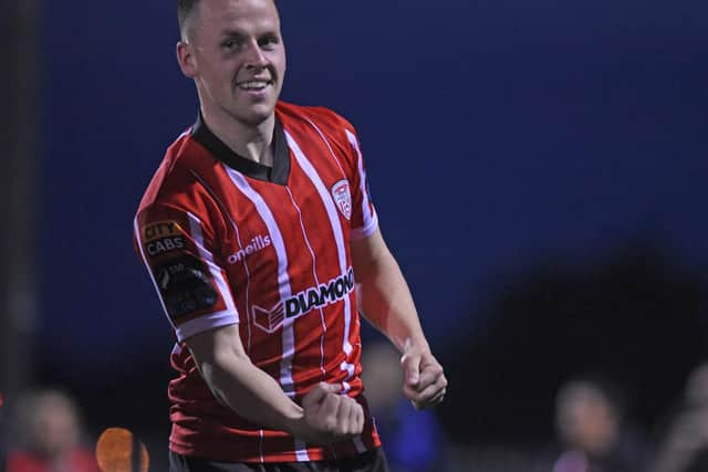 Ben Doherty celebrates his goal against Dundalk at Oriel Park. Photographs by Ciaran Culligan