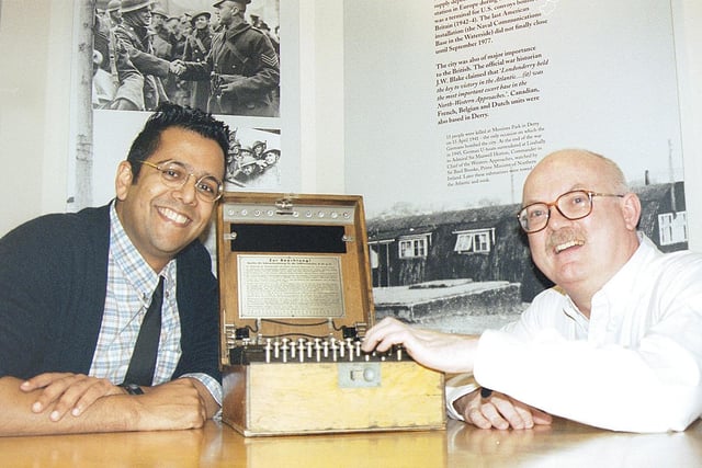 Simon Singh and Dessie Baker at the Science Festival with an Enigma Decoding machine. (Hugh Gallagher)