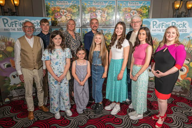 The cast of Puffin Rock and the New Friends with Director Jeremy Purcell and Assistance Director Lorraine Lordan.