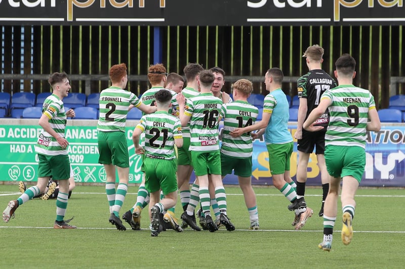 Top Of The Hill Celtic players celebrate defeating St. Oliver Plunkett, in Saturday's NIBFA Youth League U16 Cup Final.