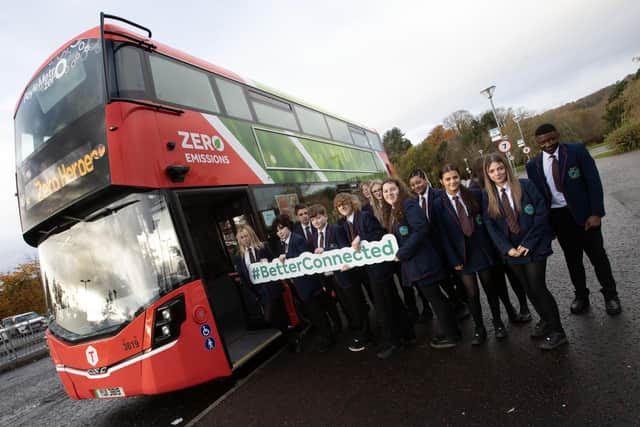 Year 10 students from Oakgrove Integrated College get ready to board the Translink Foyle Metro bus during Wednesday's Zero Heroes Roadshow at the school.