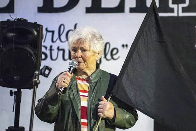 Kate Nash, whose brother William was murdered and father Alex seriously wounded on Bloody Sunday, speaking at the '˜Black Flag Solidarity Vigil' on Friday evening at Free Derry Wall, in solidarity with the Bloody Sunday families in the wake of the verdict delivered in the trial of Soldier F at Belfast Crown Court on Thursday. Photo: George Sweeney