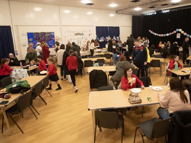 A busy school assembly hall on Friday morning at Steelstown Primary School for the Coffee Morning in aid of Angel Wishes.