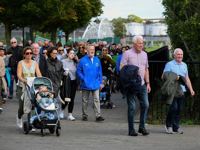 Participants who took part in Sunday’s Chieftain’s Walk from Bay Road to Foyle Road. Photo: George Sweeney