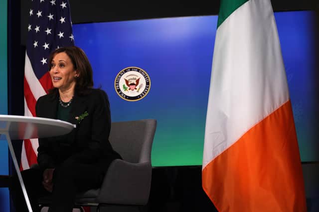 U.S. Vice President Kamala Harris participates in a virtual bilateral meeting with former Taoiseach Micheál Martin and the Frederick Douglass Global Fellows in the South Court Auditorium of Eisenhower Executive Office Building March 17, 2021 in Washington, DC. Vice President Harris hosted the Irish Prime Minister and the Frederick Douglass Global Fellows to celebrate St. Patrick’s Day and highlight Frederick Douglass’ trip to Ireland 175 years ago. (Photo by Alex Wong/Getty Images)