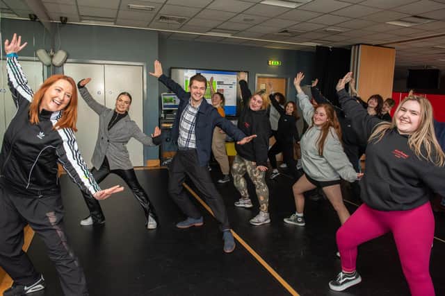 Damian McGinty and his dance parrtner Kylee Vincent, get in some final preparation for Dancing with the Stars from Carie Logue, Lecturer at NWRC, and some of the Performing Arts students. 