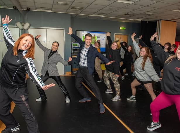 Damian McGinty and his dance parrtner Kylee Vincent, get in some final preparation for Dancing with the Stars from Carie Logue, Lecturer at NWRC, and some of the Performing Arts students. 