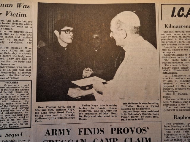 It reads: "Rev. Thomas Keys, son of Mr. and Mrs. William Keys, 125 Lone Moor Road, Derry, being received in private audience by His Holiness Pope Paul."