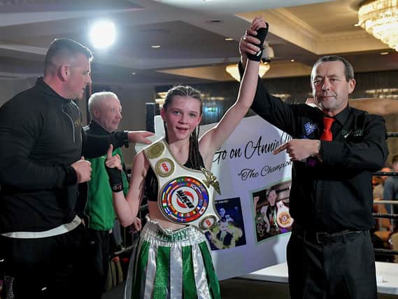 Top Ring Gym’s Annie Murphy defeated Baltoufa Manel, Tek Gym France, to win the  WKU Pro-Am World Title on Saturday evening last in the Everglades Hotel. Photo: George Sweeney.  DER2312GS – 66