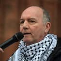 Tony Doherty speaking at a previous march and rally at Guildhall Square calling for a ceasefire in Gaza. Photo: George Sweeney