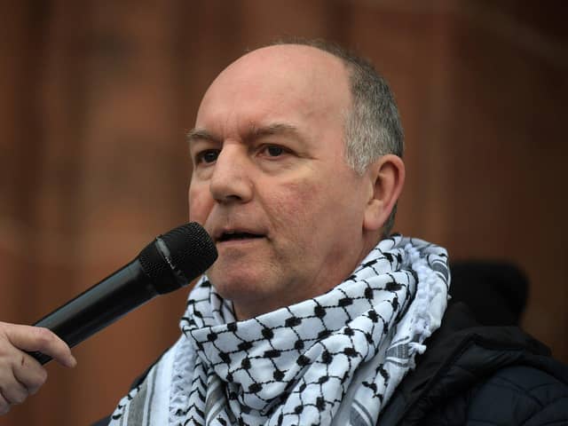 Tony Doherty speaking at a previous march and rally at Guildhall Square calling for a ceasefire in Gaza. Photo: George Sweeney