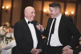 The late, great Sean O'Neill chats to the BBC's Thomas Niblock during the Faughanvale gala dinner.