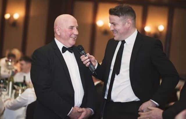 The late, great Sean O'Neill chats to the BBC's Thomas Niblock during the Faughanvale gala dinner.