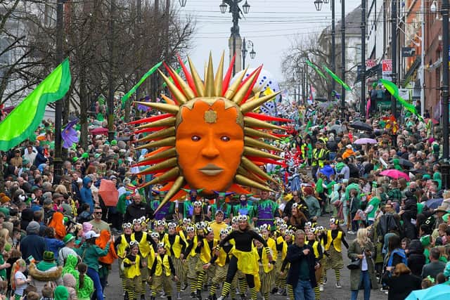 The 2024 Derry St Patrick’s Day parade makes its way towards the city centre. Photo: George Sweeney.