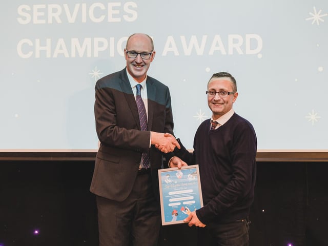 Highly Commended in the Supporting Our Services Champion Award was Richard Donnelly, Housekeeper, Emergency Dept, Altnagelvin Hospital pictured with Neil Guckian, Chief Executive, Western Trust.