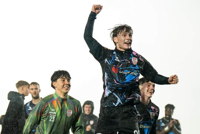 Derry City's Yoann Prigent celebrates after the SSE Airtricity Men's Premier Division match between Sligo Rovers and Derry City at the Showgrounds in Sligo. Photo by Matthew Harvey/Sportsfile