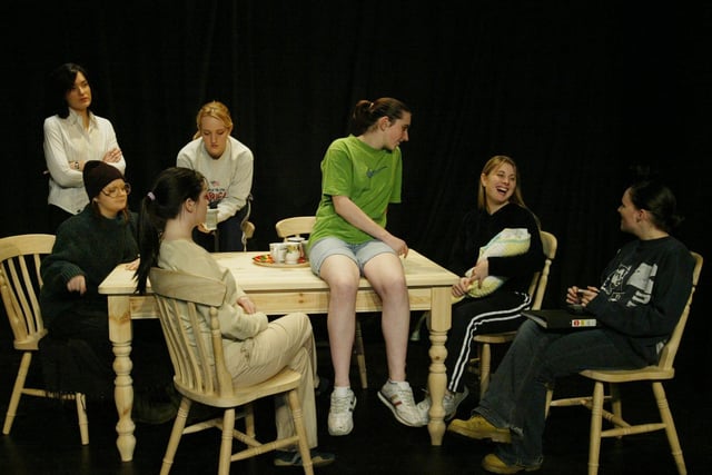 Drama students from Foyle Arts Centre rehearsing for the play "The Vagina Monologues" which they peroformed this week at the Cetnre.  Inlcuded are from left Colette Lennon, Nicola Kelly, Gemma Lynch, Lyndsey Morgan, Lauren Barr, Tina Drien and Jennifer Rooney.  (2811JB03):Derry nativities and Christmas shows from December 2003