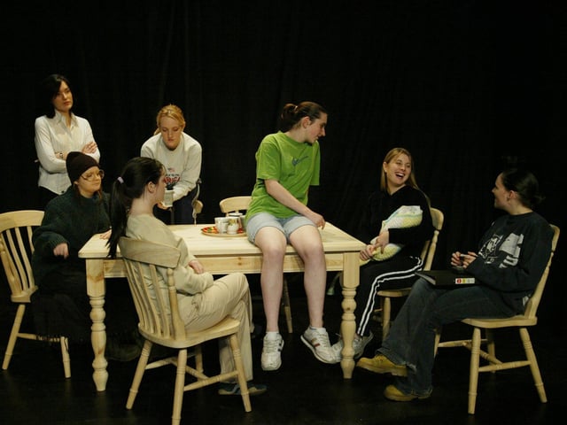 Drama students from Foyle Arts Centre rehearsing for the play "The Vagina Monologues" which they peroformed this week at the Cetnre. Inlcuded are from left Colette Lennon, Nicola Kelly, Gemma Lynch, Lyndsey Morgan, Lauren Barr, Tina Drien and Jennifer Rooney. (2811JB03):Derry nativities and Christmas shows from December 2003