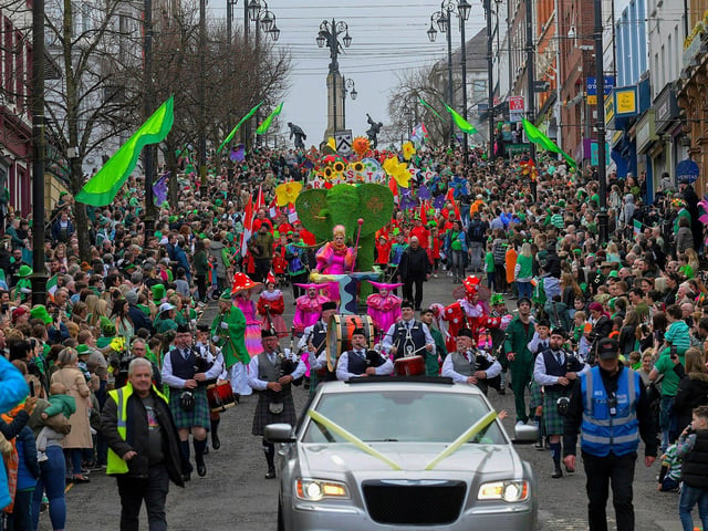 The Derry St Patrick’s Day parade makes its way towards the city centre. Photo: George Sweeney.