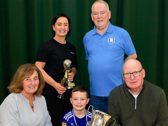 Charlie McCafferty awarded the Thomas Burke Award pictured with Linda and Thomas Burke. Also included is his mother Andrina and Trojans Raymond Carton. (Photo - Tom Heaney, nwpresspics)