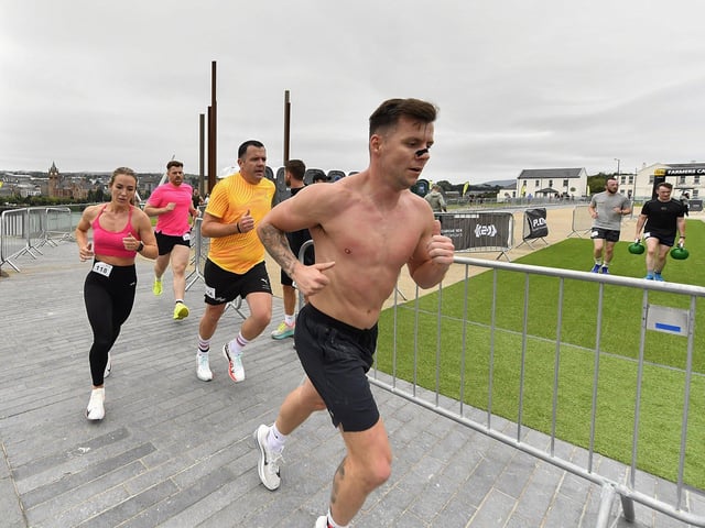 Competitors take part in the Ebrington Hyrox on Saturday morning. Photo: George Sweeney