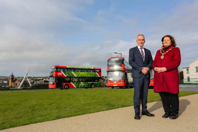 Chris Conway, Translink Group Chief Executive, and Cllr Patricia Logue, Mayor of Derry City & Strabane District Council pictured at the official launch of Translink's new zero emission bus fleet at Ebrington Square, Derry.