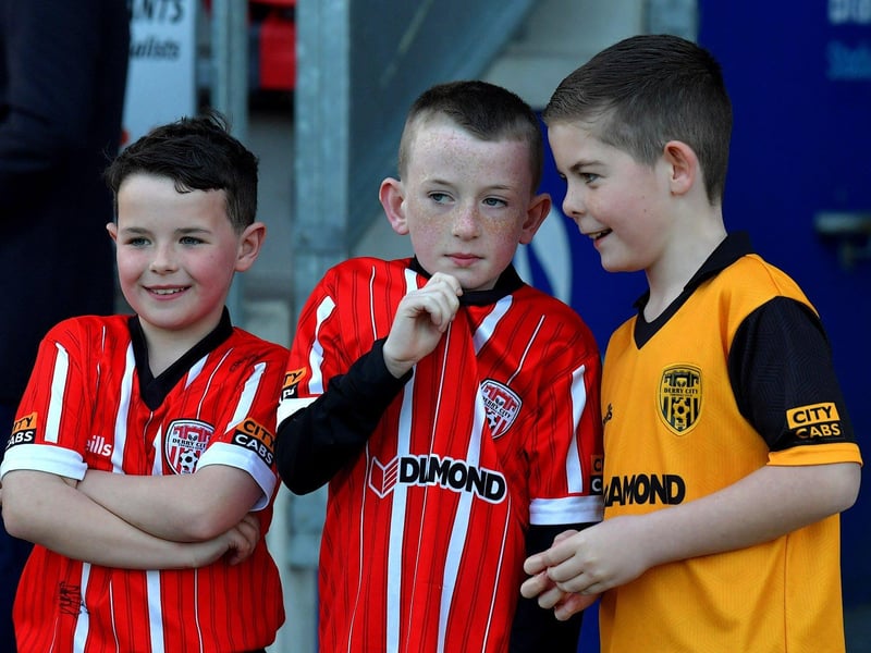 April 2023: Young fans discuss tactics at the Brandywell ahead of Derry City’s game against Drogheda United. Photo: George Sweeney