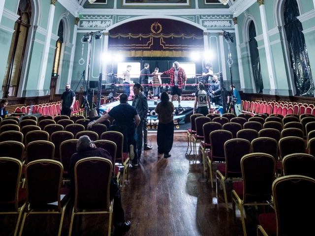 Setting up the hall for the Foyle Rumbles show.