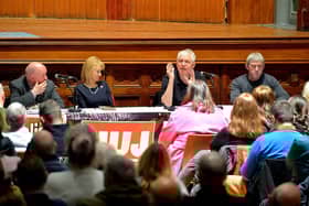 National Union of Journalists president Pierre Vicary addressing the attendance at a public meeting, held in the Guildhall opposing proposed cuts to jobs and services at BBC Radio Foyle. Included in the photograph are Séamus Dooley NUJ assistant general secretary, Felicity McCall journalist, writer and broadcaster and Niall McCarroll, chair of Derry Trades Union Council. George Sweeney. DER2301GS – 24