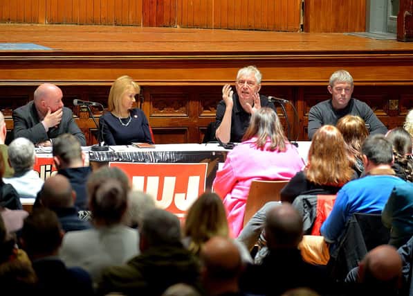 National Union of Journalists president Pierre Vicary addressing the attendance at a public meeting, held in the Guildhall opposing proposed cuts to jobs and services at BBC Radio Foyle. Included in the photograph are Séamus Dooley NUJ assistant general secretary, Felicity McCall journalist, writer and broadcaster and Niall McCarroll, chair of Derry Trades Union Council. George Sweeney. DER2301GS – 24