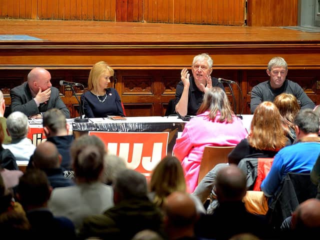 National Union of Journalists president Pierre Vicary addressing the attendance at a public meeting, held in the Guildhall opposing proposed cuts to jobs and services at BBC Radio Foyle. Included in the photograph are Séamus Dooley NUJ assistant general secretary, Felicity McCall journalist, writer and broadcaster and Niall McCarroll, chair of Derry Trades Union Council. George Sweeney. DER2301GS – 24