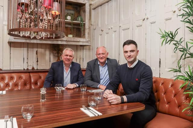 Jeff Tosh (centre) is welcomed to Dormans Hospitality Group by Directors Henry and Ryan McGlone