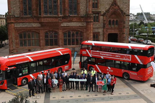 Key stakeholders pictured at Translink's Zero Emission Foyle Metro preview event held in Guildhall Square, on Thursday May 25. (Photo - Tom Heaney, nwpresspics)