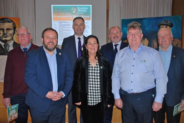 Left to right, Colr. Donal Coyle, Pádraig MacLochlainn TD, Pearse Doherty TD, Maria Doherty, chair of Tírchonaill Commemoration Committee, Colr. Ciaran Brogan, Colr. Gerry MacMonagle and Colr. Michael McMahon