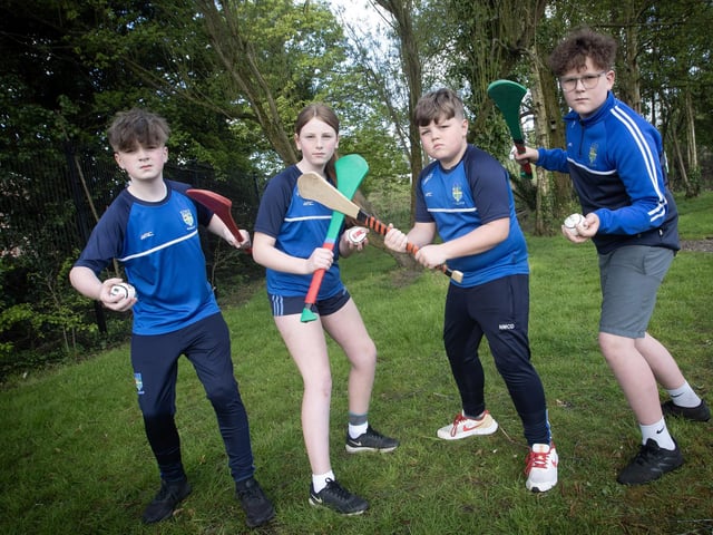 HURLERS. . . .Some of the Hollybush PS hurlers pictured this week at the school. From left, Aiden Farren, Aisling Walsh, Noah McDermott and Jack Meehan.