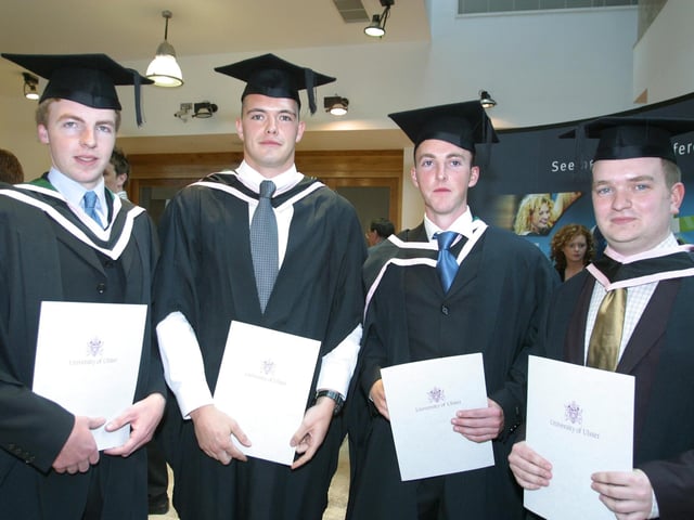 Daniel O'Hagan Ramelton, Conor McMonigle (Letterkenny), Oliver Mullholland (Derry) and Michael Boyle (Limavady) who recieved their degree in engineering at the conferring ceremony at Magee College. (1107JB42)