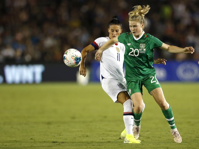 The beautiful name Eabha is joint 8th and is another of the Irish names making the top list. The name means life or breathe of life and is the Irish version of Eve, which has Hebrew origins. Pictured is Eabha O'Mahoney of Republic of Ireland fighting for control of the ball against the US during the second half of the first game of the USWNT Victory Tour at Rose Bowl on August 03, 2019 in Pasadena, California. (Photo by Katharine Lotze/Getty Images)