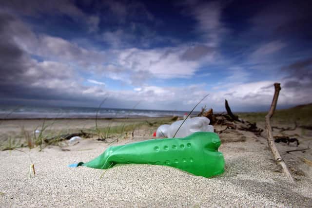 Plastic bottles and general rubbish washed up by the sea litter the beaches in Prestwick, Scotland. (Photo by Christopher Furlong/Getty Images)