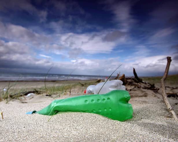 Plastic bottles and general rubbish washed up by the sea litter the beaches in Prestwick, Scotland. (Photo by Christopher Furlong/Getty Images)
