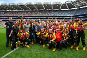 RNLI representatives from Donegal took to the pitch during the All-Ireland senior hurling championship semi-final at Croke Park, to promote the charity’s water safety partnership with the GAA. Photo: Sportsfile