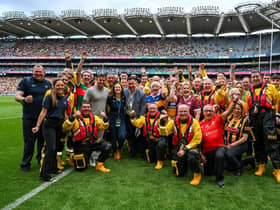 RNLI representatives from Donegal took to the pitch during the All-Ireland senior hurling championship semi-final at Croke Park, to promote the charity’s water safety partnership with the GAA. Photo: Sportsfile