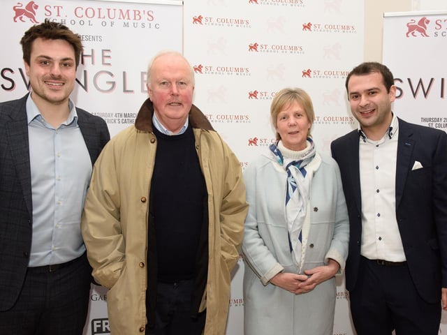 Louis Fields and Nicky Morton, founders of St.Columb’s School of Music pictured with Michael and Joan Forgie as they hosted the School’s annual Gala concert in St.Columb’s Hall headlined by the Swingles, Picture Martin McKeown.
