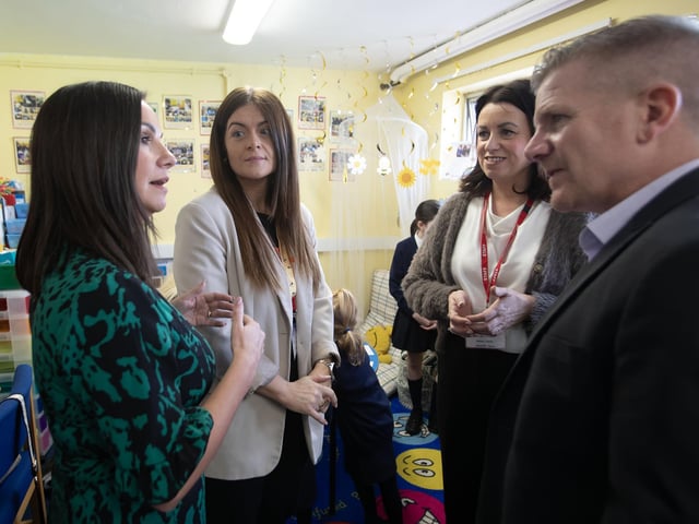 Children's Commissioner Chris Quinn pictured at the opening of the new 'The Thrive Hive' on Thursday morning at Holy Child PS, in conversation with Principal, Mrs. Pat Concannon, teacher Miss Rachel Lynch and Vice Principal, Mrs. Aine O'Connor.