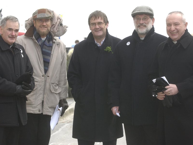 Moville St Patricks Day parade judges, from left, Father McGoldrick, Reverend Lynn Cairns, Gerry Kenny, Reverend Gilbert Young, and Reverend Harry Gilmore. (2103PG11)                               : St Patrick's Day in Moville in 2006.